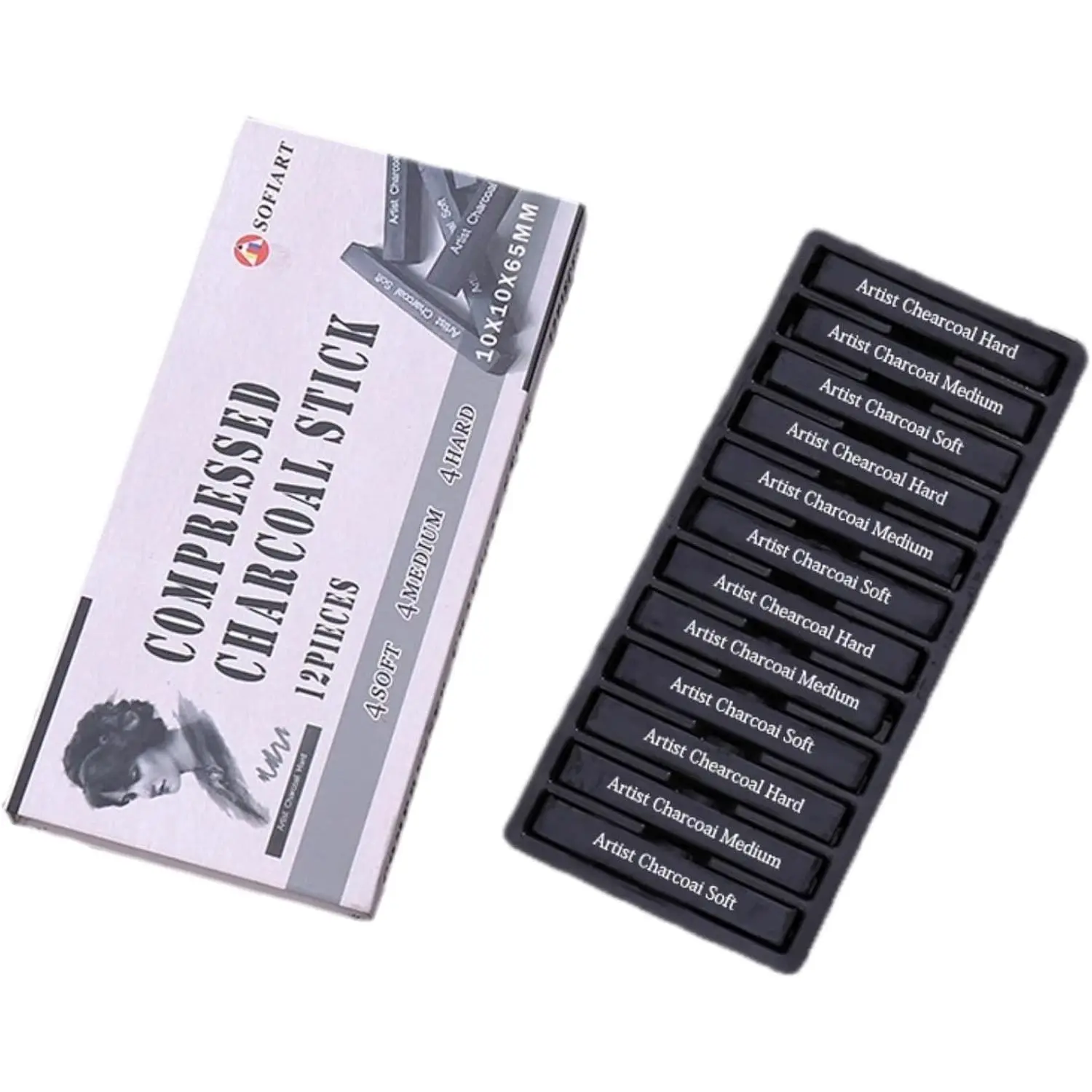 Compressed Charcoal Sticks 12 Pieces Soft Medium Hard Square Vine Charcoal Sticks for Drawing Sketching Shading Charcoal Drawing Set for Beginners & Pro Artists