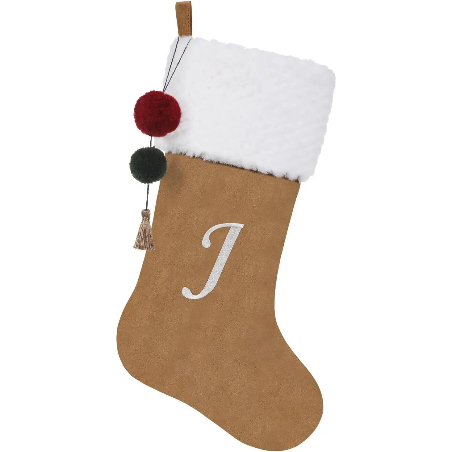 19.5 inches Personalized Velvet Christmas Stocking with Embroidered Initials and Pom Poms for Fireplace Hanging Decor Xmas Gift (Gold J)