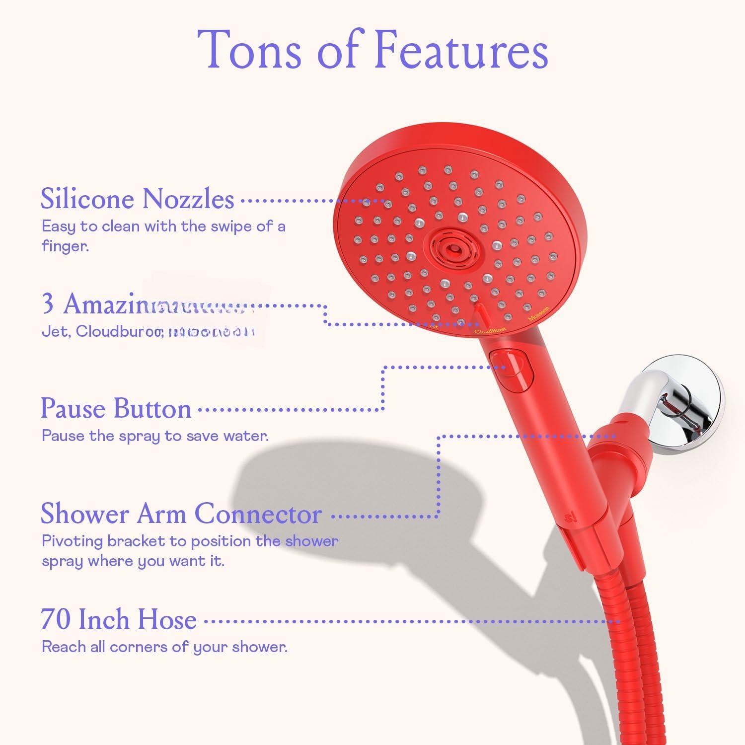 Sproos - Handheld Shower , High , 3 Spray Functions Plus Pause, Extra Long 70 Inch Hose -  Materials - Easy DIY Installation - High  Performance - Red