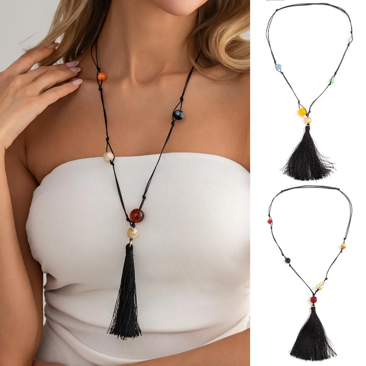 Boho Chic Long Tassel Necklace Colorful Gemstone Beaded Fringe Pendant Cord Chain Y2K Baddie Aesthetic Summer Vacation Jewelry Gift For Women