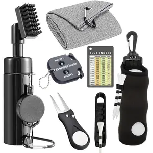 Professional Golf Club Accessory Set, Portable Telescopic 2-in-1 Cleaning Brush with Water Storage, Includes Towel, Ball Bag, Divot Repair Tool, Scorecard, Range Distance Card, Tee Lifter, Unisex Golf Accessories, Golf Gadgets