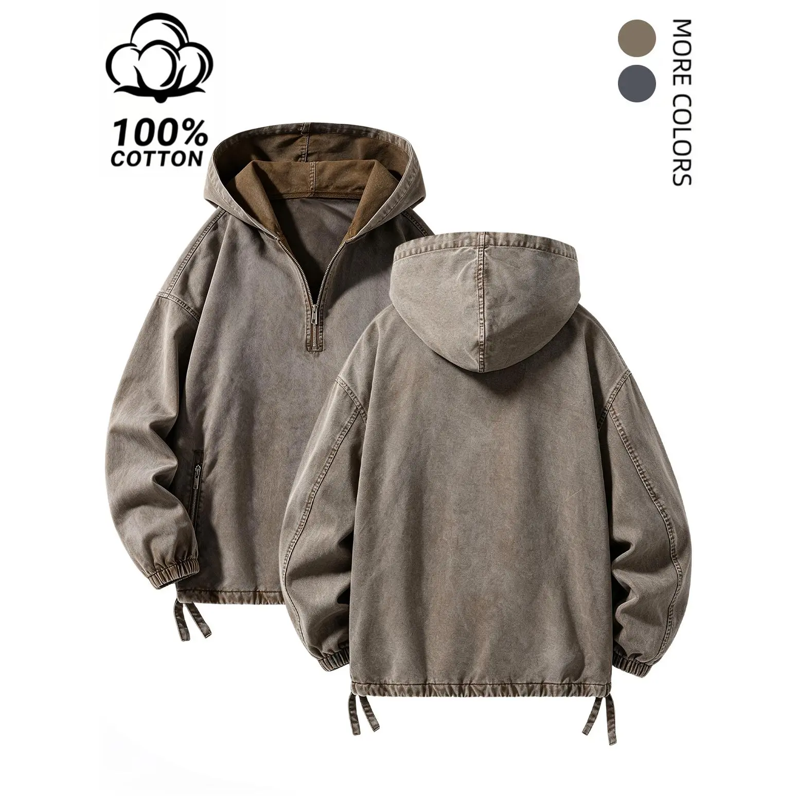 Cotton washed hooded sweatshirt, men's spring, V-neck design loose fit; Washed denim jacket, retro half zip closure, zip pockets, elastic hem and elastic cuffs; Made of soft, comfortable, and breathable fabric, suitable for daily wear
