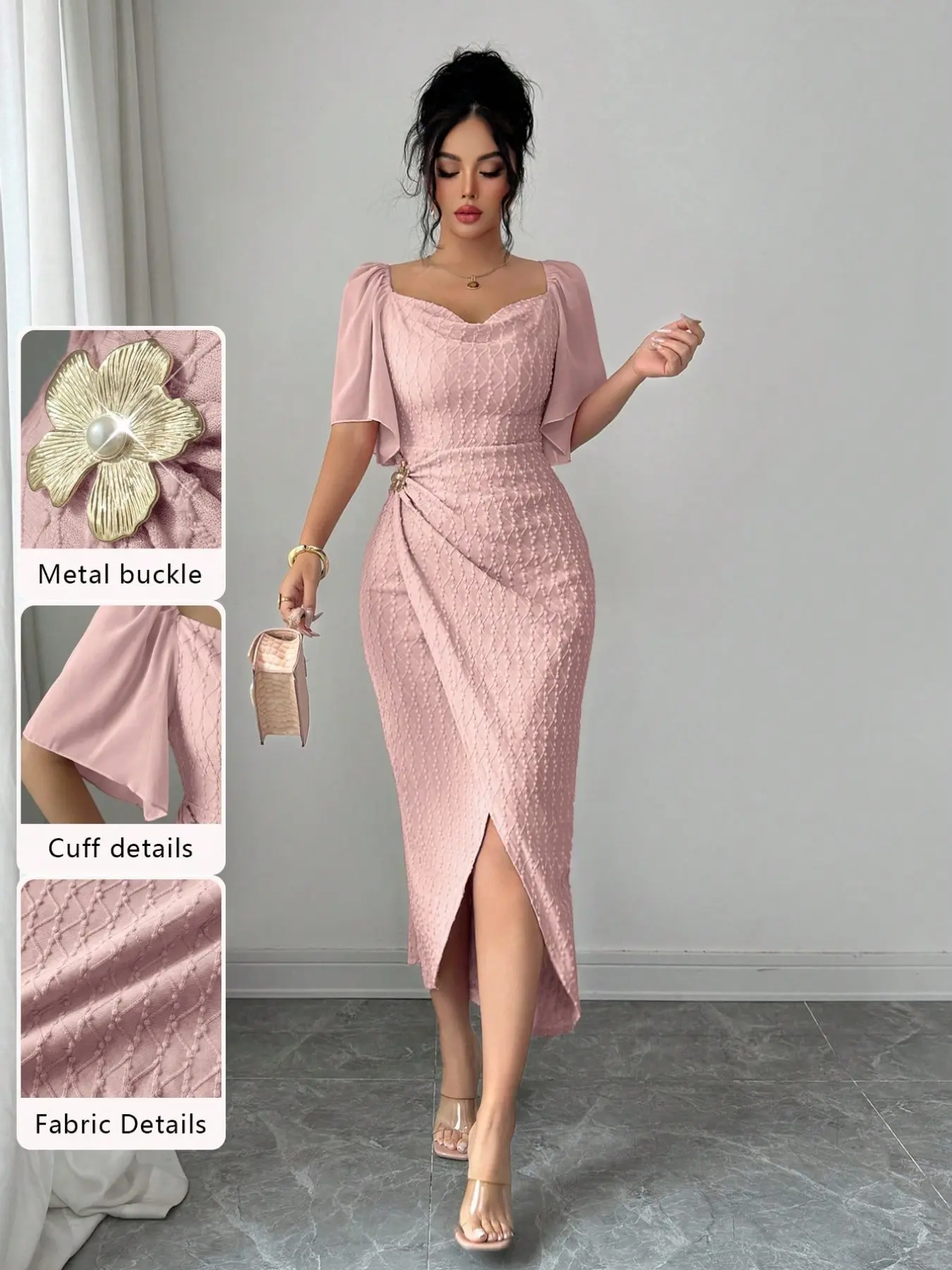 Elegant Feminine Chic Square Neck Dress, Flutter Sleeve Knot Split Skirt, Floral Metal Buckle Waist Cinch, Perfect for Dates, Parties, Birthdays