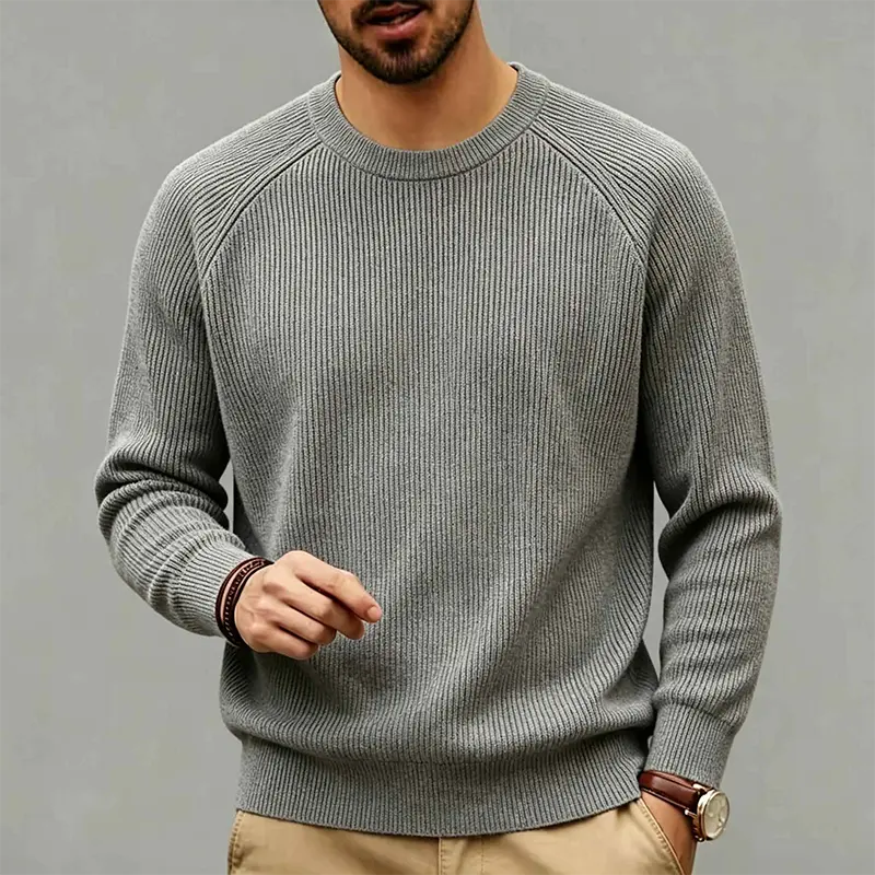 Mens Vertical Cable-Knit Mock Neck Long Sleeve Pullover, Menswear Knitwear, Raglan Sleeves, Heather Grey Polyester Fibre Textured Fabric, Ribbed Cuffs & Hem, Casual Fall Winter Daily Top #sohochic