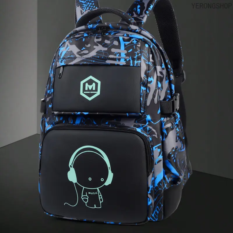 Luminous Cartoon Graffiti Backpack for Boys, High-Capacity Oxford School Bookbag with USB Port, Water-Resistant Laptop Daypack for Travel, Large, Casual, Built-In Organizer, Male