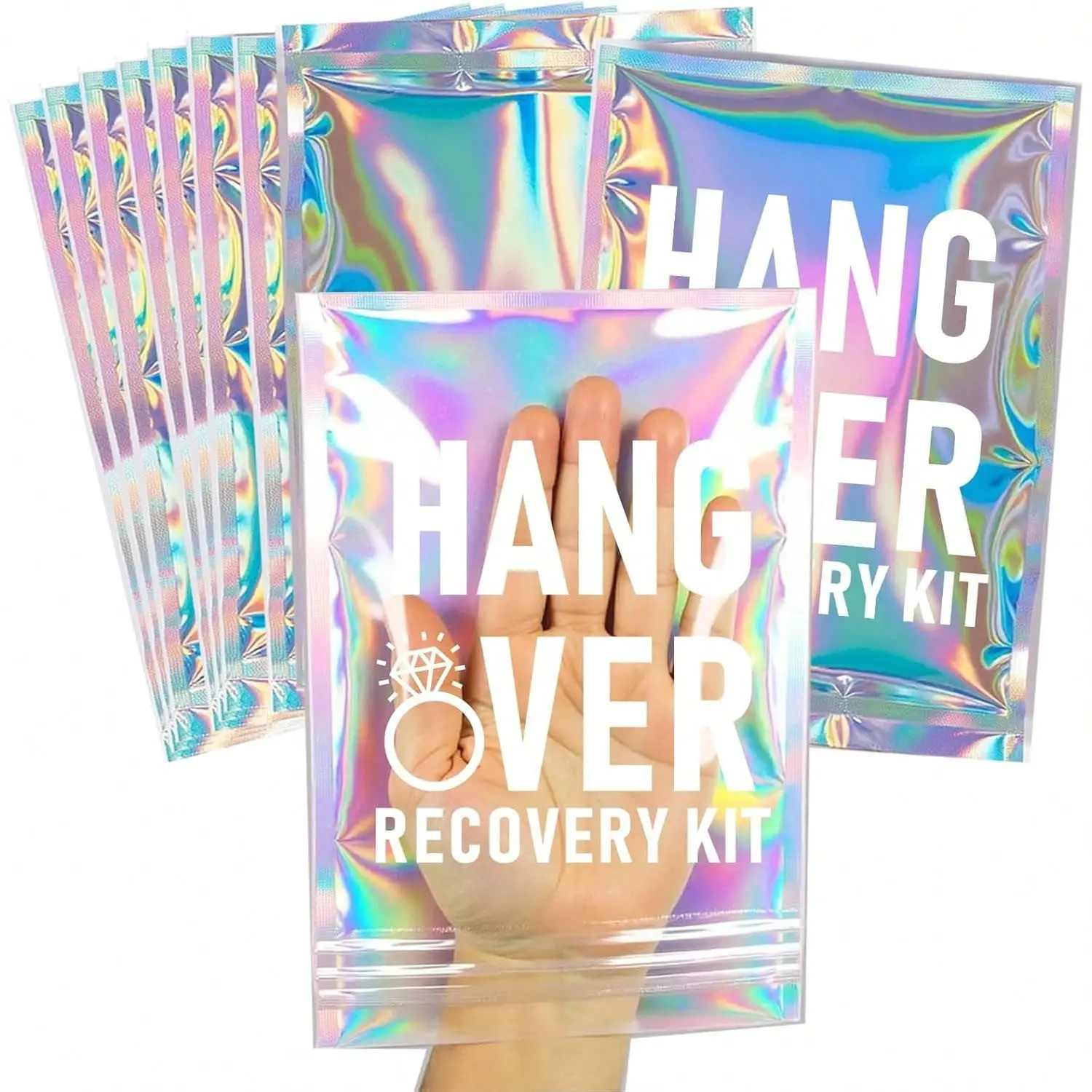 Hangover Recovery Kit Bags—Pre-Printed Holographic Resealable Bags(Without Self-Care Kits),Ideal for Bachelorette Party Favors, Birthday Hangover Kits and Goody Bags