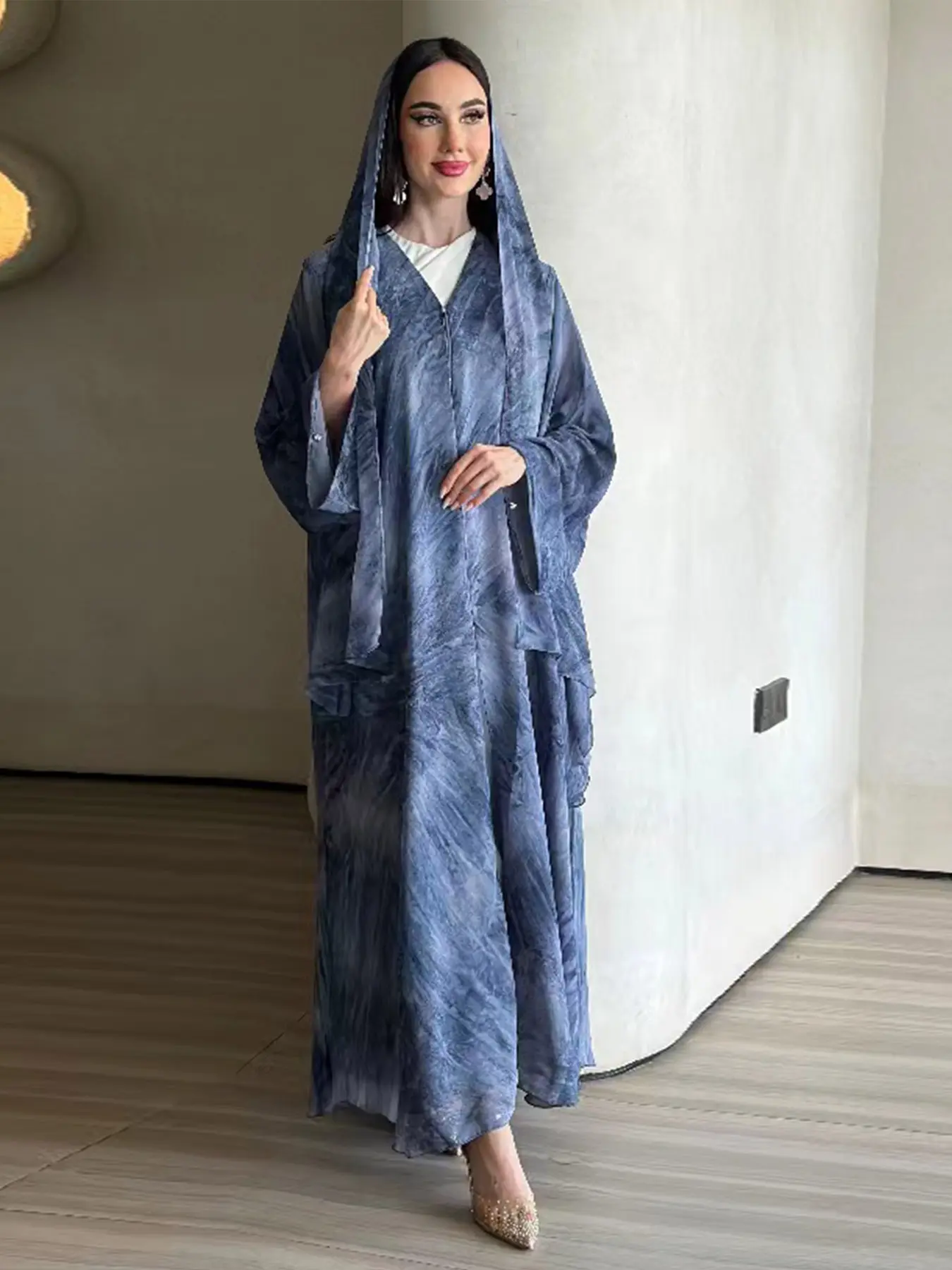 New Muslim Women Gradient Tie Dye Two-Piece Set, Muslim Clothing, Loose Batwing Sleeve Open Front Abaya Dress, Elegant Dubai Style, All Seasons Casual Wear