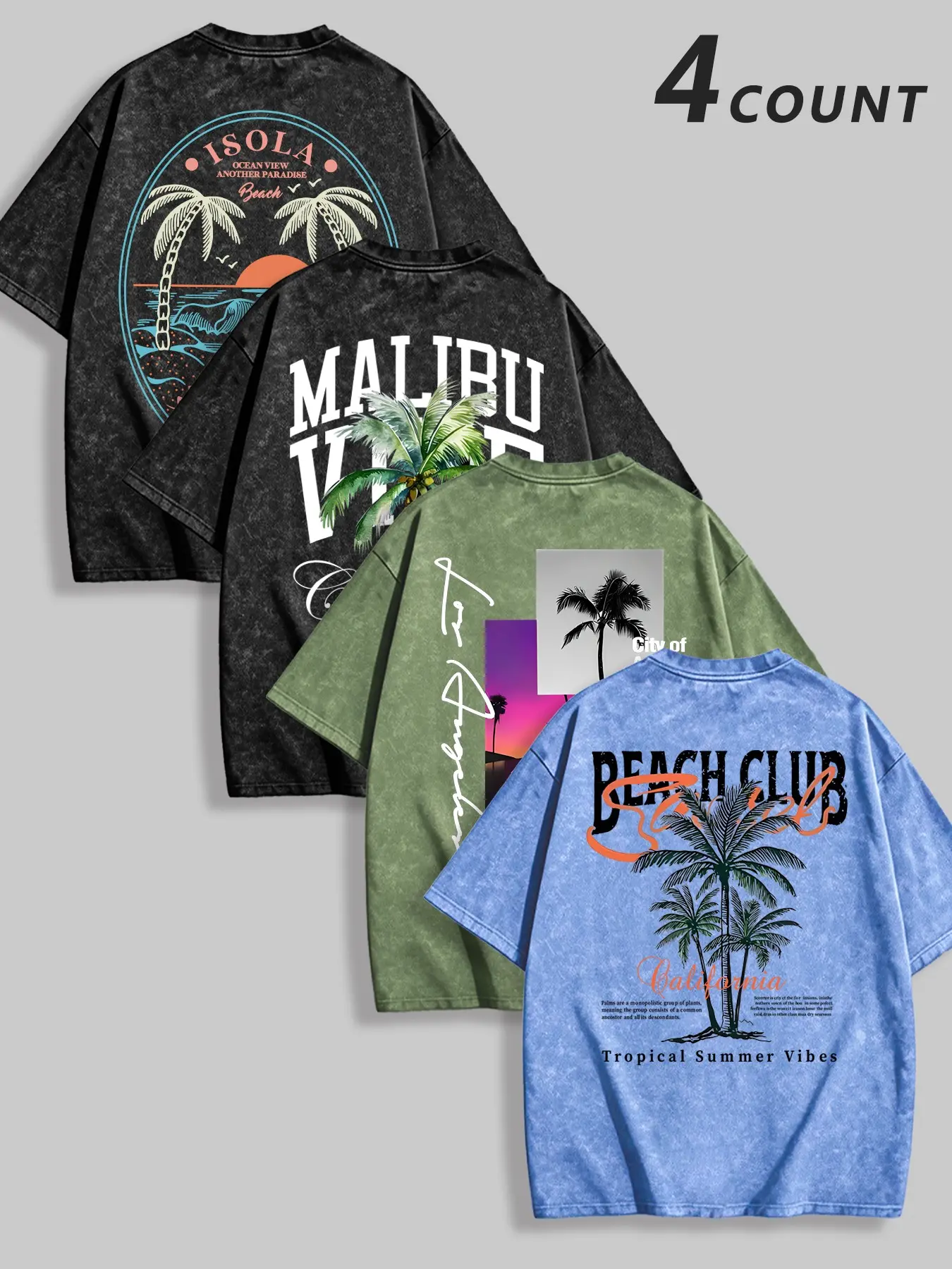 Men's Summer Tropical Plant Pattern Short Sleeve T-Shirt Set, Loose-Fit Baggy Casual Graphic Tee, Comfortable Outdoor Wear, Tops, 4-Piece Pack
