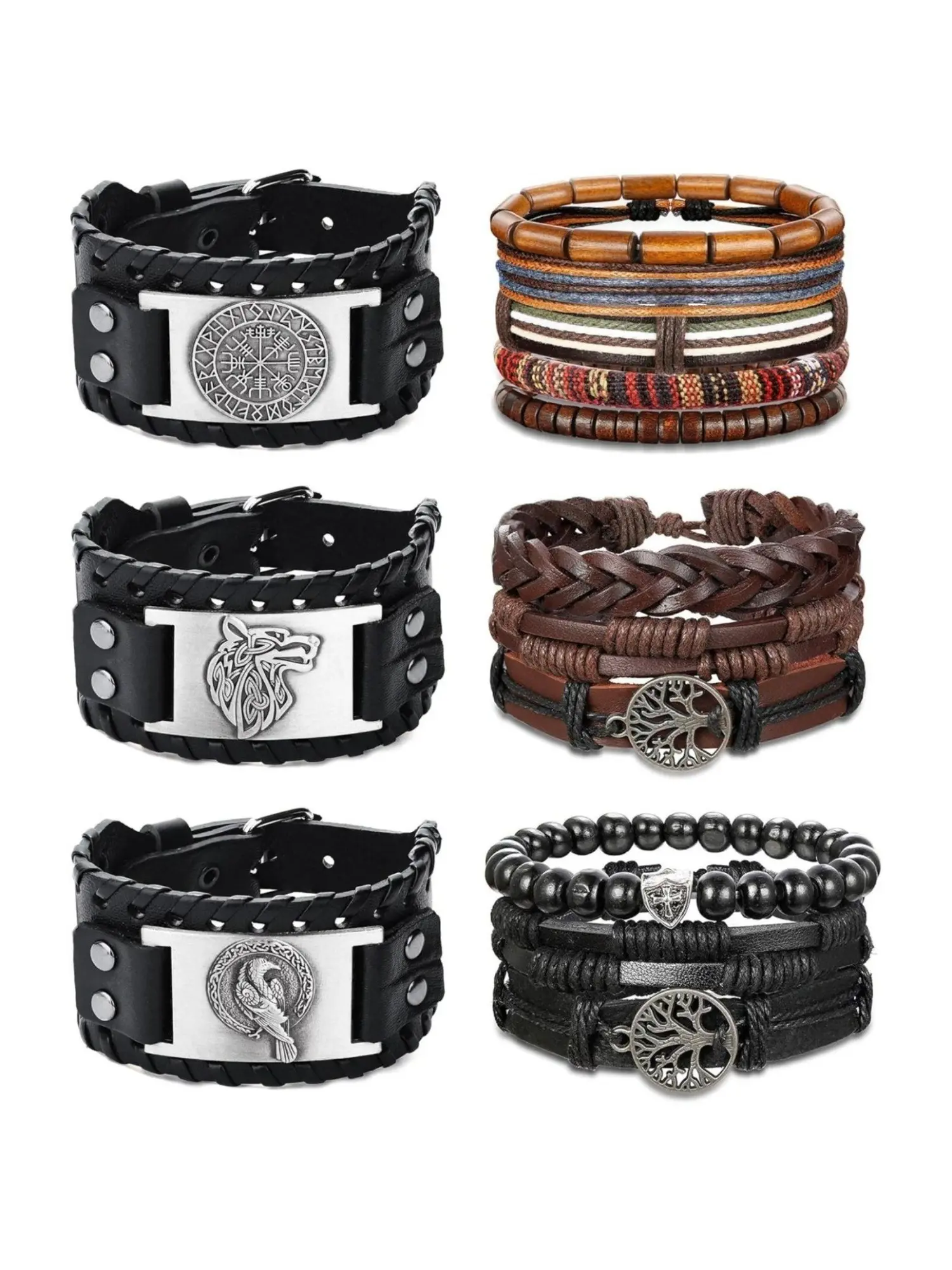 Natural 6 Pcs Brown Black Braided Viking Leather Bracelets for Men Women, Boho Style Bracelet, Fashionable Pack Stackable Bracelet Cool Vintage Wolf Gothic Wrist Cuff Alloy Bracelets Adjustable Nordic Amulet Viking Bracelets Bracelet Set Gothic Jewelry