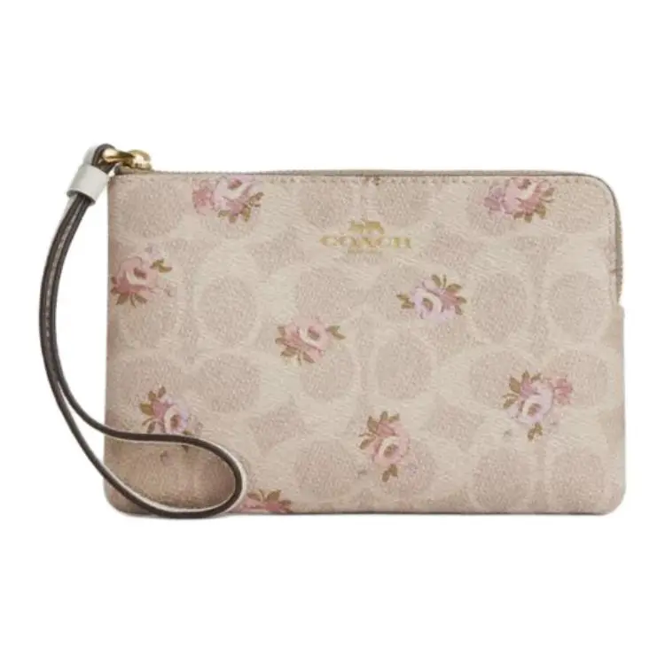 Coach Corner Zip 16 Handbag for Women – Floral Print Coated Canvas, Gold and Sand Tone Elegant Purse Tan Purse
