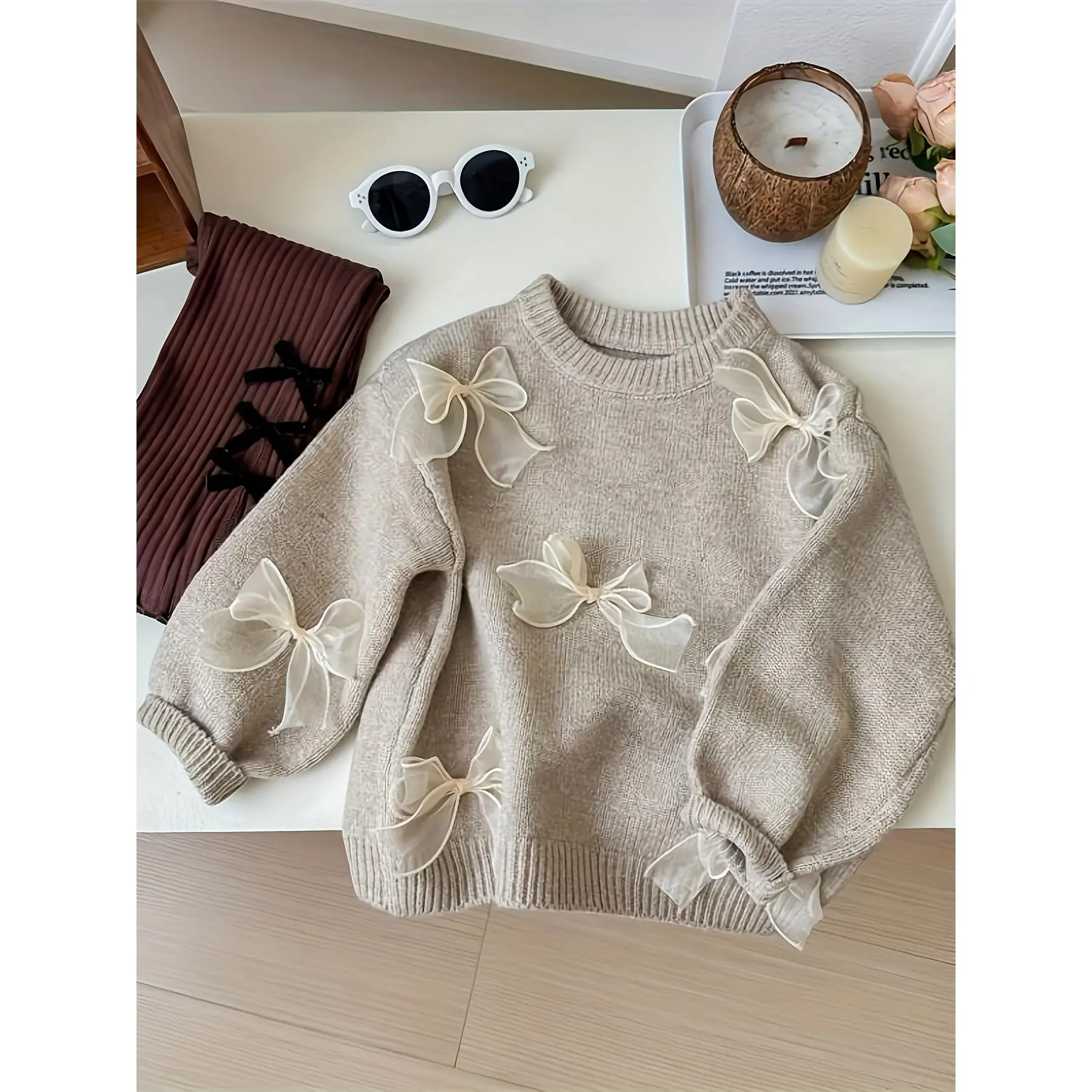 Cute And Ladylike Girls' Knitted Pullover Sweater, Girls' Sweater 2025 Autumn New Style, Stylish Korean Version for Girls, Bow Knit Sweater