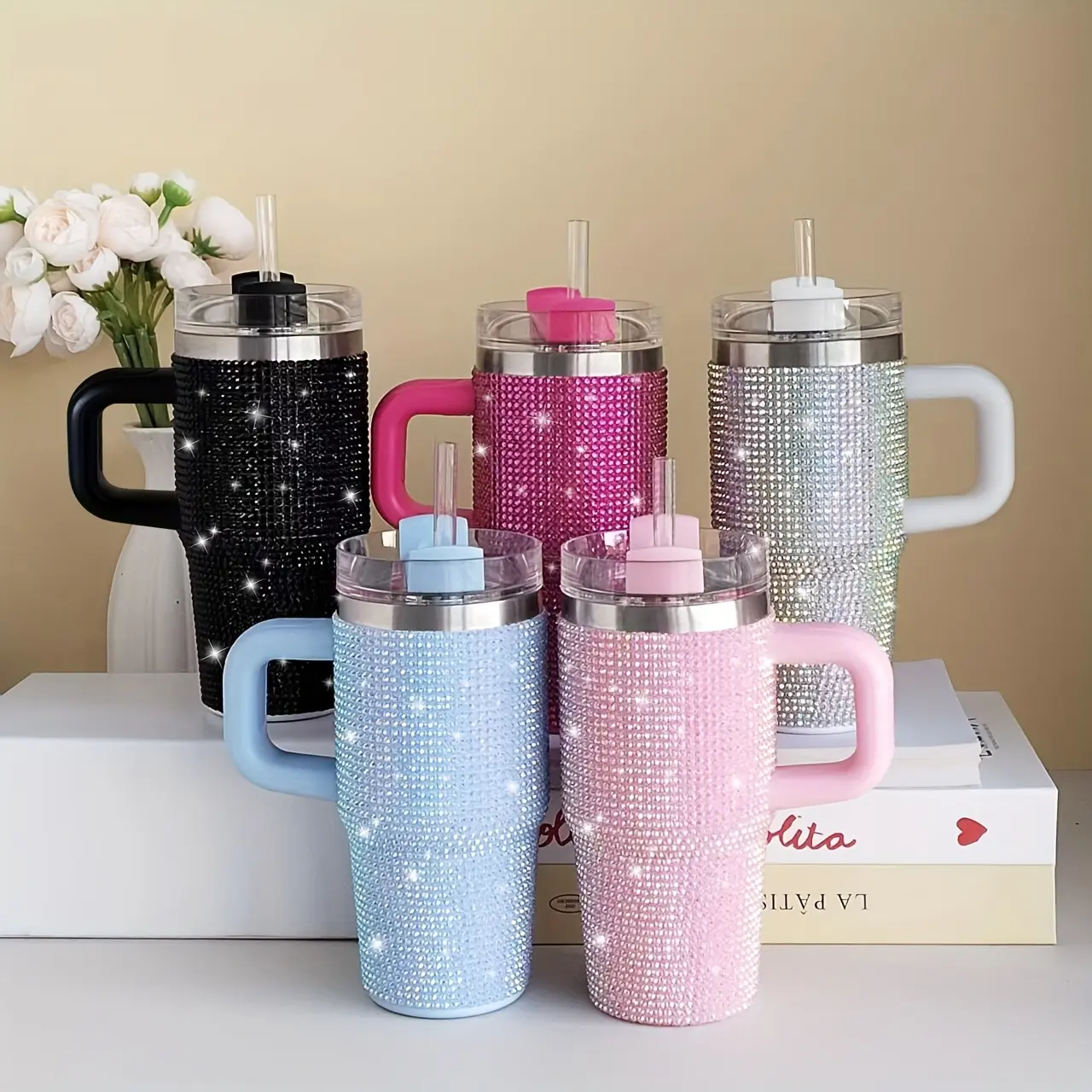 Shiny Finish Stainless Steel Insulated Tumbler Travel Mug - 14oz, Tumbler Shape, 500-1000ml, Leak-Proof, Anti-Scalding, Explosion-Proof, Heat-Resistant, Printed Diamond Decoration, Lid, Handle, Straw, Portable for Car (Kitchenware Drinkware Vacuum Flask),