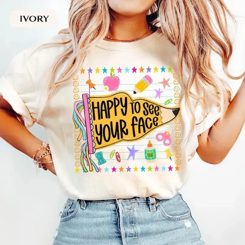 Comfort Colors Happy To See Your Face Shirt, Pennant Flag Teacher Tee, First Day Of School Graphic Shirt, Back To School Teacher Gift, Elementary Teacher