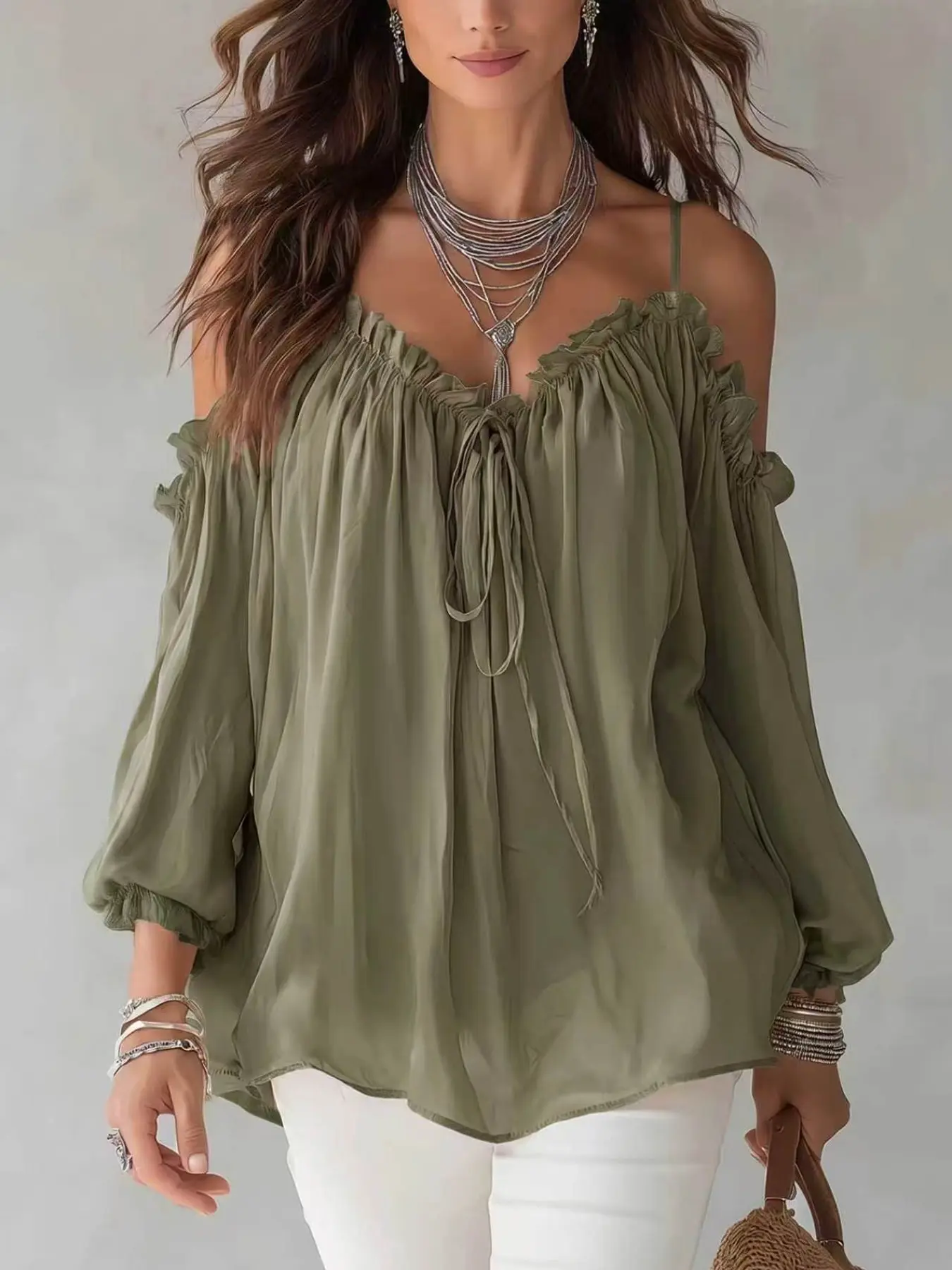 Women's Boho Off-Shoulder Top, Thin Straps V Neck Drawstring Front, Bubble Seven-Fold Sleeve, Loose Fit Vacation Shirt, Rural Style