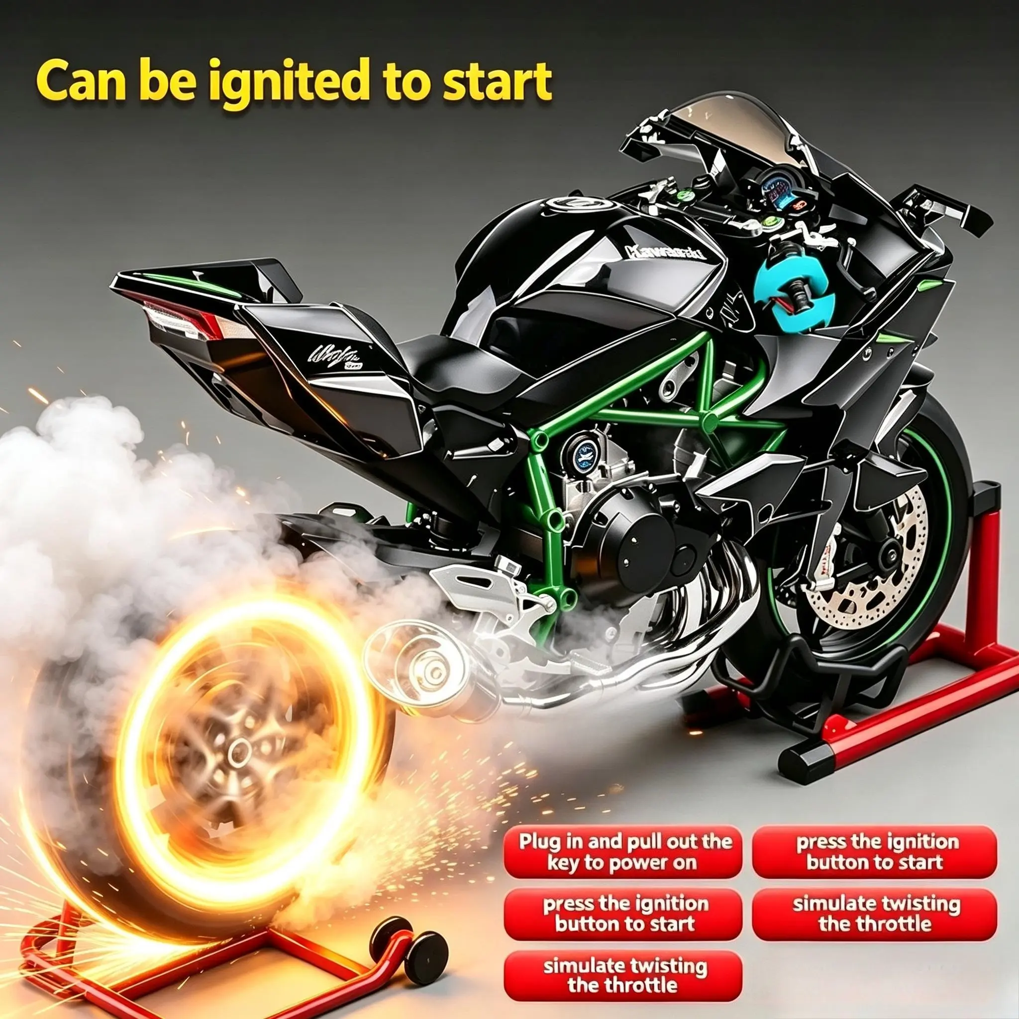Upgrade Version Startable Spray Alloy Collectible Model Car 1:9, Tube Frame, High Simulation Engine, Light Sound Sync, Gift Box Packaging