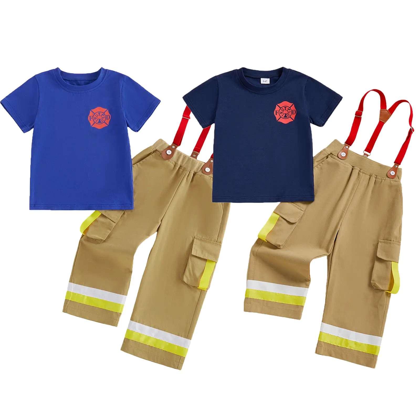 Babamoon Toddler Costume, Kids Firefighter 2-Piece Set - Short-Sleeve T-Shirt & Suspender Overalls for Halloween, Birthday Cosplay, Cosplay Gear