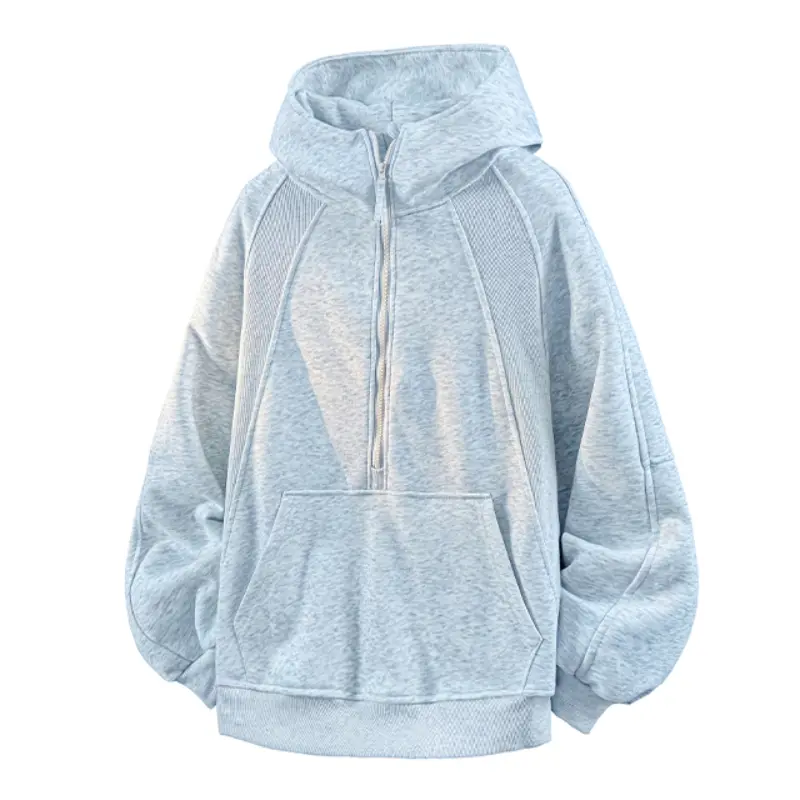 Half Zip Raglan Sleeve Hooded Sweatshirt, Mesh Splicing Detail, Front Kangaroo Pocket, Oversized Loose Fit, Soft Heather Knit Fabric, Ribbed Cuffs And Hem, Casual Daily Street Hoodie# SummerWins