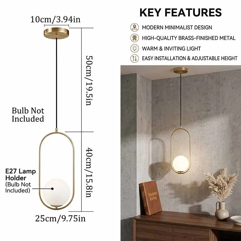 Minimalist Artistic Single Head Pendant Light, High-Quality Brass Finish, Adjustable Height, E27 Socket, Ideal for Entryway, Bar, Bedroom, Home Lighting