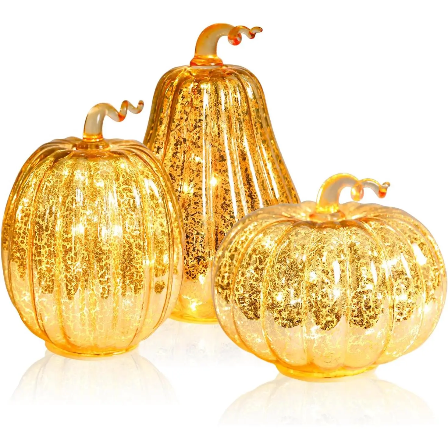 Mercury Glass Pumpkins Lighted Halloween  Fall Decoration  | Fall Pumpkin Lights with Timer 3 count   Night Pumpkins Autumn for Indoor Outdoor Table Porch Decor or Gifts