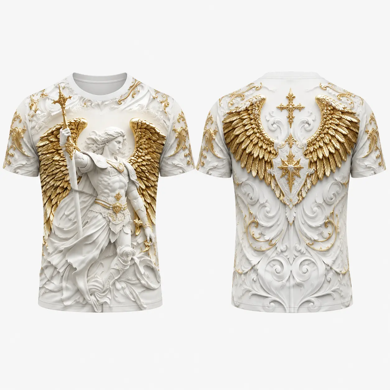 Menswear Short-Sleeve Round Neck Christian Angel Wings Cross T-Shirt - Prayer Hands Graphic, Baroque Detail, Gothic Front & Back Print, Unisex Religious Top, Inspirational Easter Church Gift, Shortsleeve, Graphic T Shirts, Crew Neck