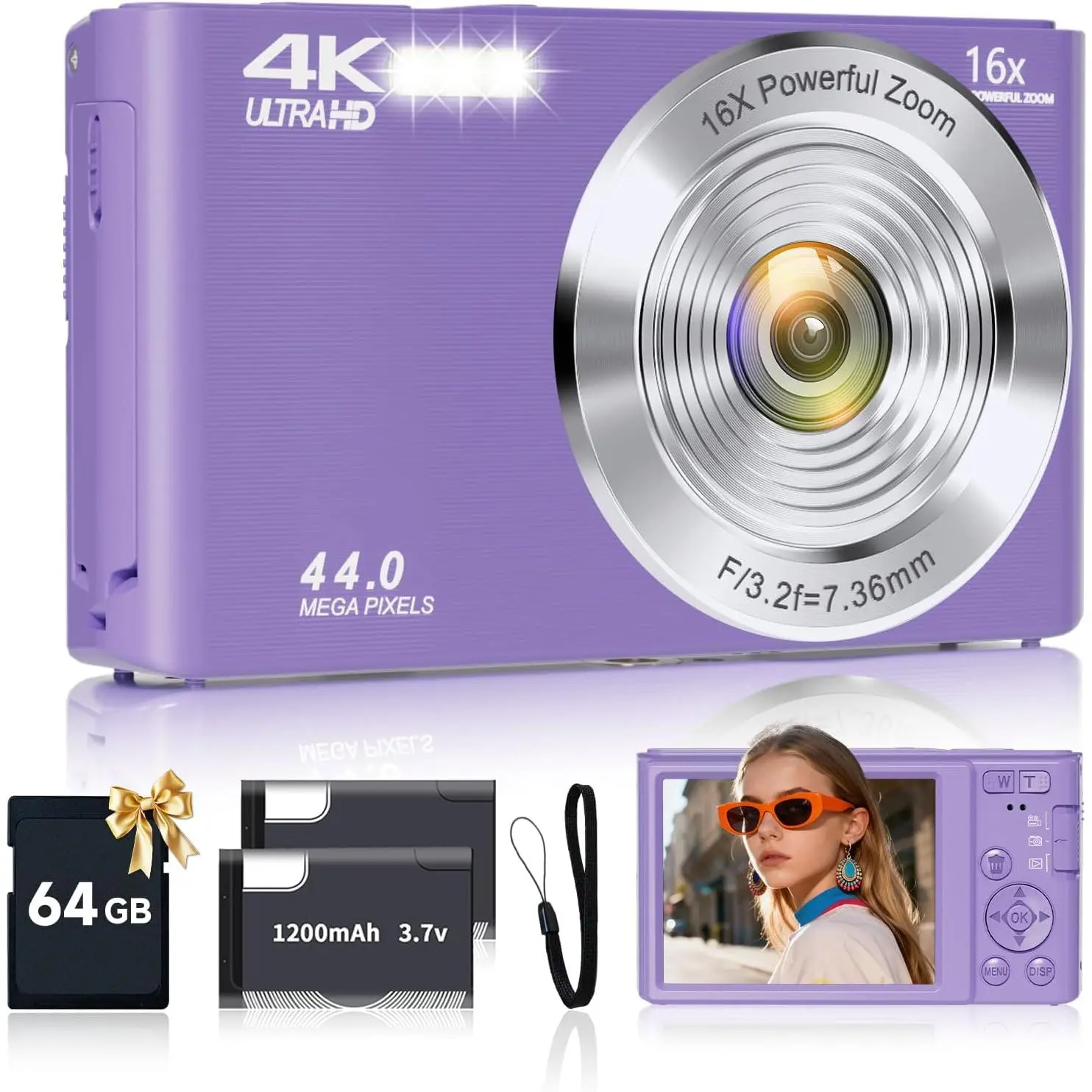 Digital Camera, FHD 4K Digital Camera for   with 64GB SD Card 16X Digital Zoom, Cameras for Photography Compact Point and Shoot Camera for Teen Boys Girls  Autofocus Camera Digital