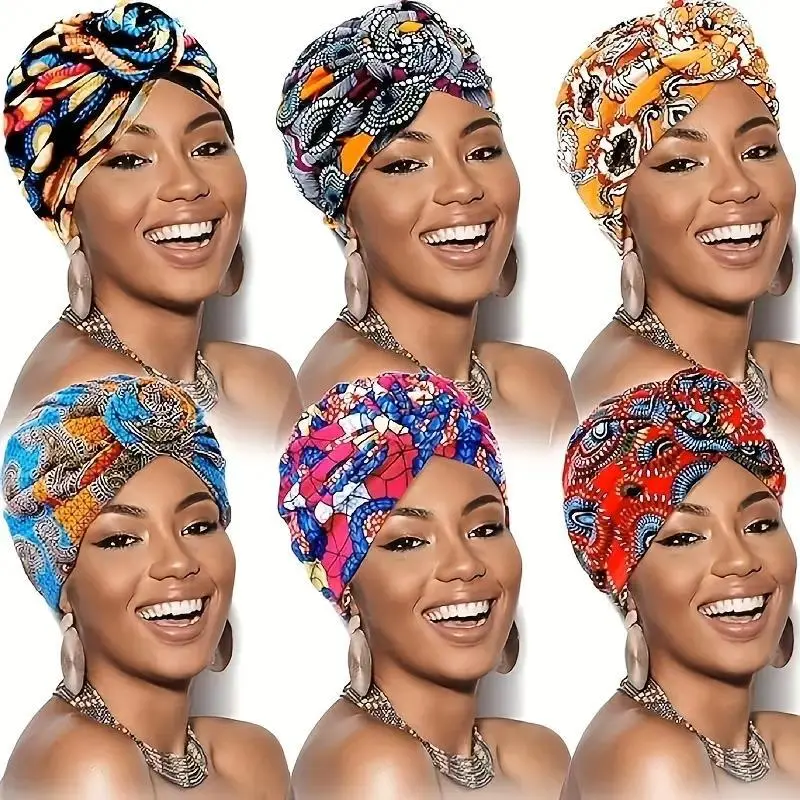 6pcs Turban Head Scarves for Women, Elegant Floral Polyester Wraps, Breathable with Elastic Stretch Fit for Daily & Wedding Wear, Scarf Head Wrap, Bandana Style