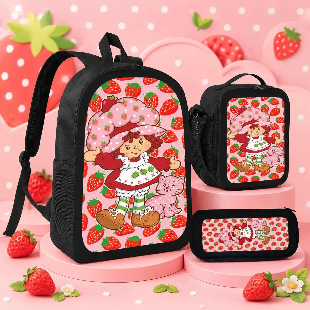 Strawberry Shortcake 3-Piece Backpack Set with Lunch Box & Pencil Case, Lightweight Design, 2-Way Zippers, Reinforced Stitching, 3D Breathable Shoulder Straps