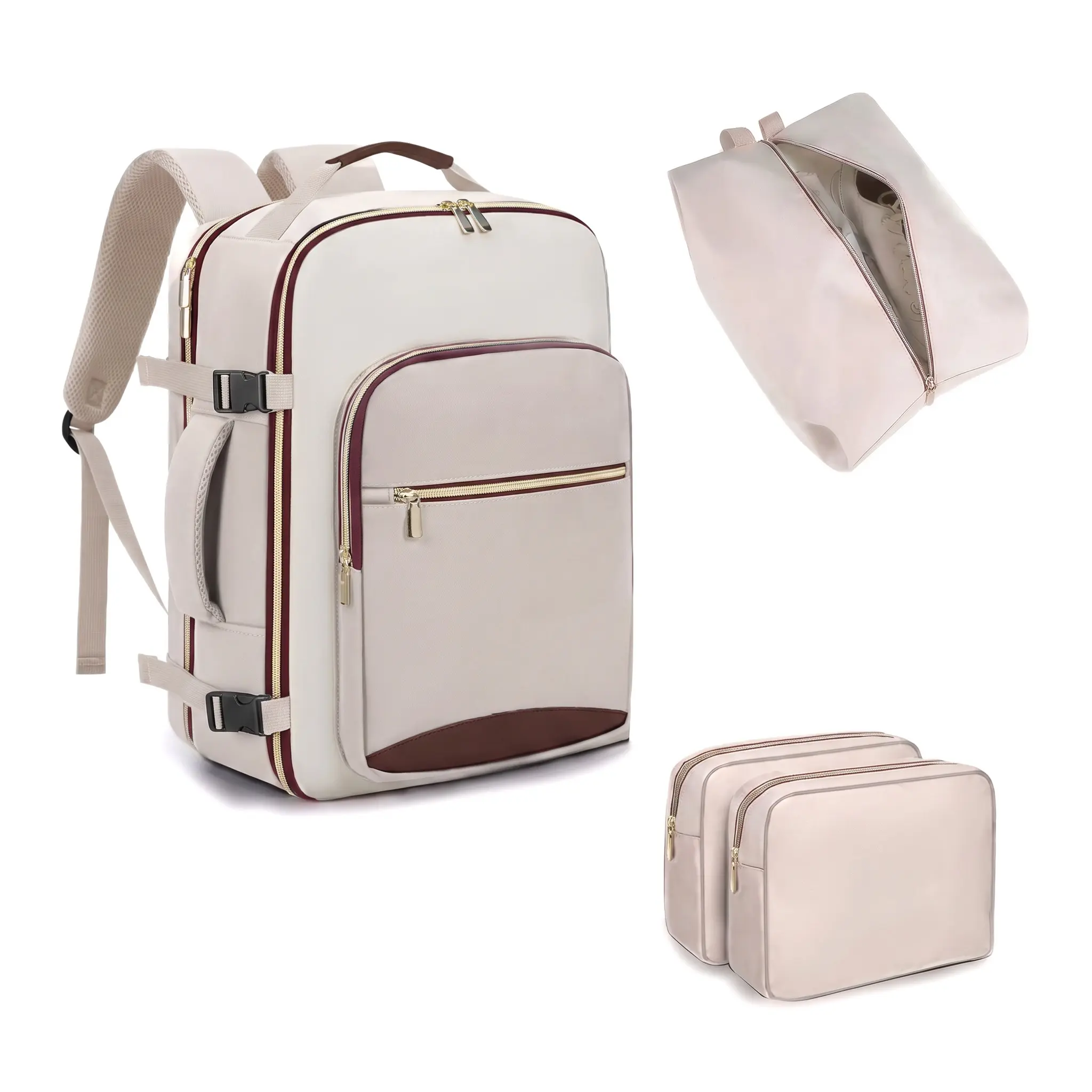 Expandable Carry On Travel Backpack (36-55L) - Large Capacity Waterproof Travel Pack with Padded Comp., 16 in Laptop Compartment, Chic Look for Daily Commute, Cream and Maroon Business Bag