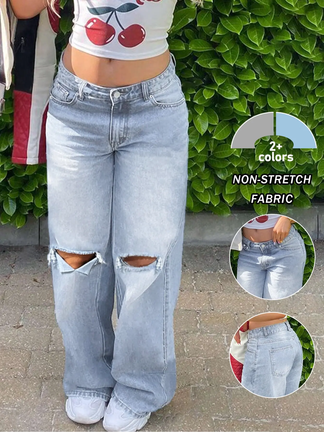 Nvfelix Women's High Waist Loose Ripped Straight Leg Light Wash Jeans, Casual Fashion Streetwear Style, Suitable for All Seasons, Ankle Length, Zipper Fly