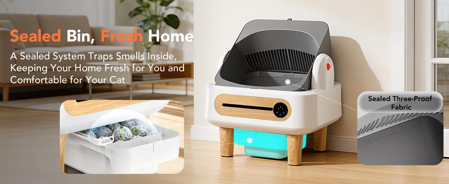 Automatic Cat Litter Box Self Cleaning, Robot Litter Box for Multiple Large Cats, Open Top Auto App Control Ultra-Quiet, Durable, Keep Home Freshness, Wood Grain