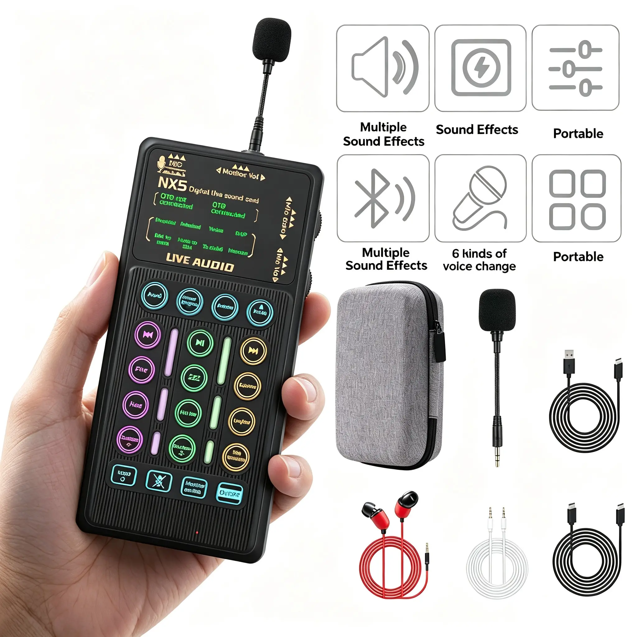 Handheld mixer sound card, portable reverb tuner audio interface, multiple sound effects, suitable for mobile phones, broadcasting, live streaming, singing, and shooting, Audio Interface Soundboard