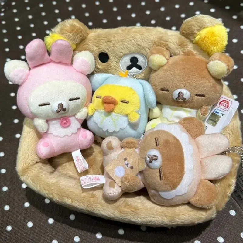 Kawaii Rilakkuma Bear Rabbit Ear Plush Keychain Doll, Soft Stuffed Animal for Bedroom Decoration, Pajamas-Themed Birthday Gift
