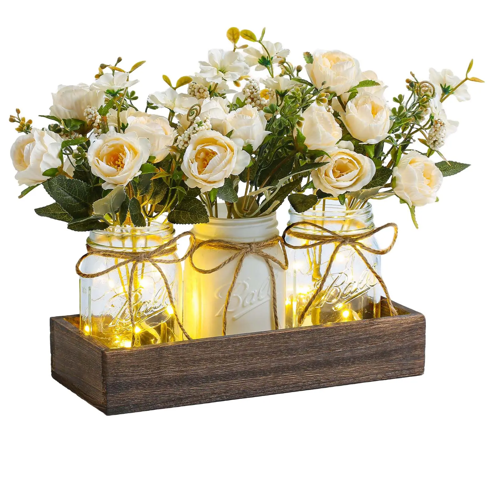 Rustic LED Mason Jar Table Centerpiece Set of 3 – Wooden Tray with Artificial Roses & Summer Blooms – Handcrafted Floral Decor for Dining Table, Living Room, Wedding – Farmhouse Style, Orange & White