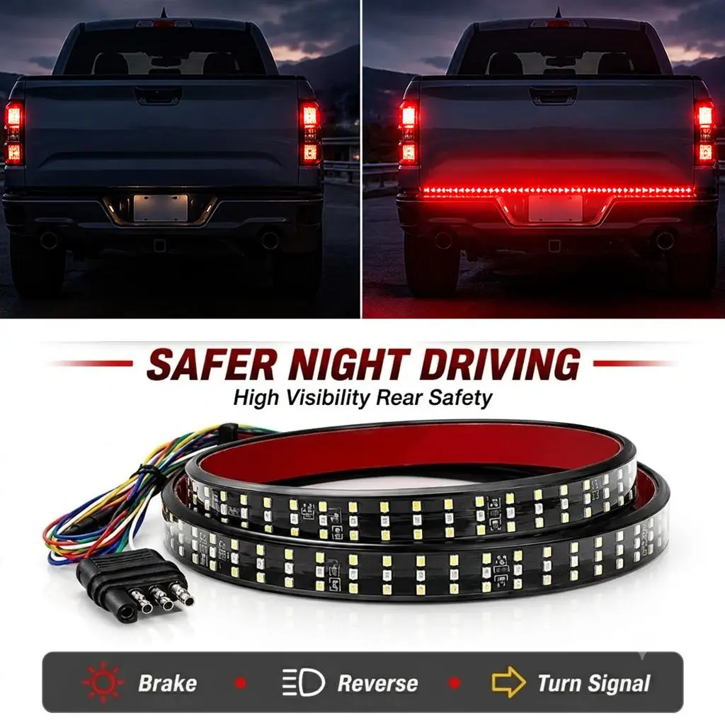Triple Row Silicone LED Tailgate Light Bar for Pickup Trucks - 1.8m High Vis. Brake, Reverse & Turn Signal, Peel-Stick Signal Sync Waterproof Rear Safety Light for Night Driving