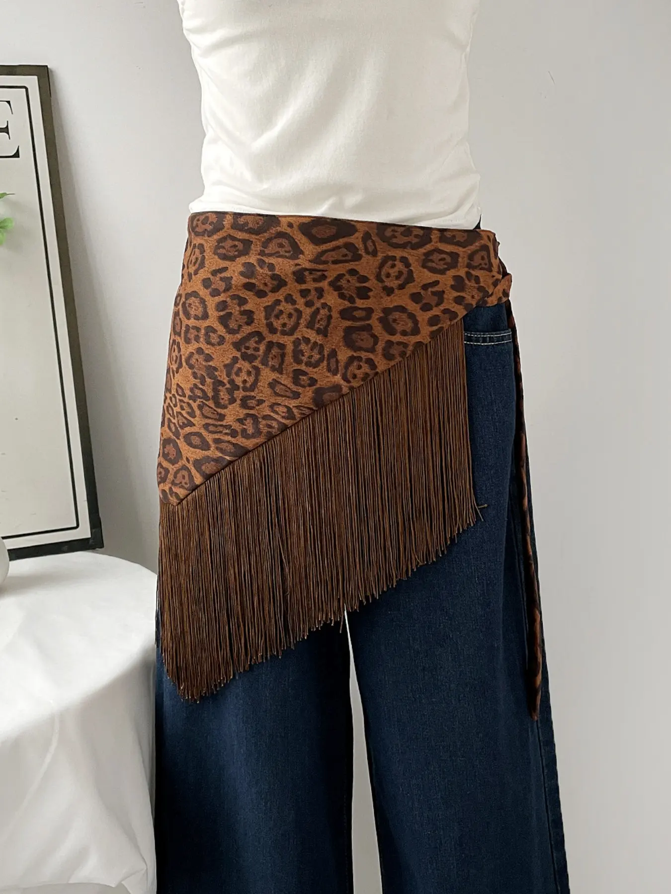 Vintage Y2K Leopard Print Long Fringe Pelvic Cover, Wide Adjustable Belt Top Tie Accessory, Women's Fashion Wrap Shoulder Piece