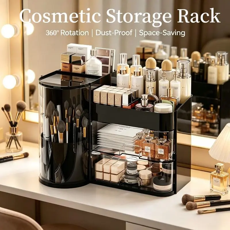 Dustproof Luxury Skincare Makeup Organizer | Enclosed Design Anti-Dust Classified Storage Solution | Ladies Bedroom Vanity Desktop Daily Use | Multi-Slot Partition Full Dust Shield Elegant Texture | Compact Multi-Purpose Cosmetic Brush Holder