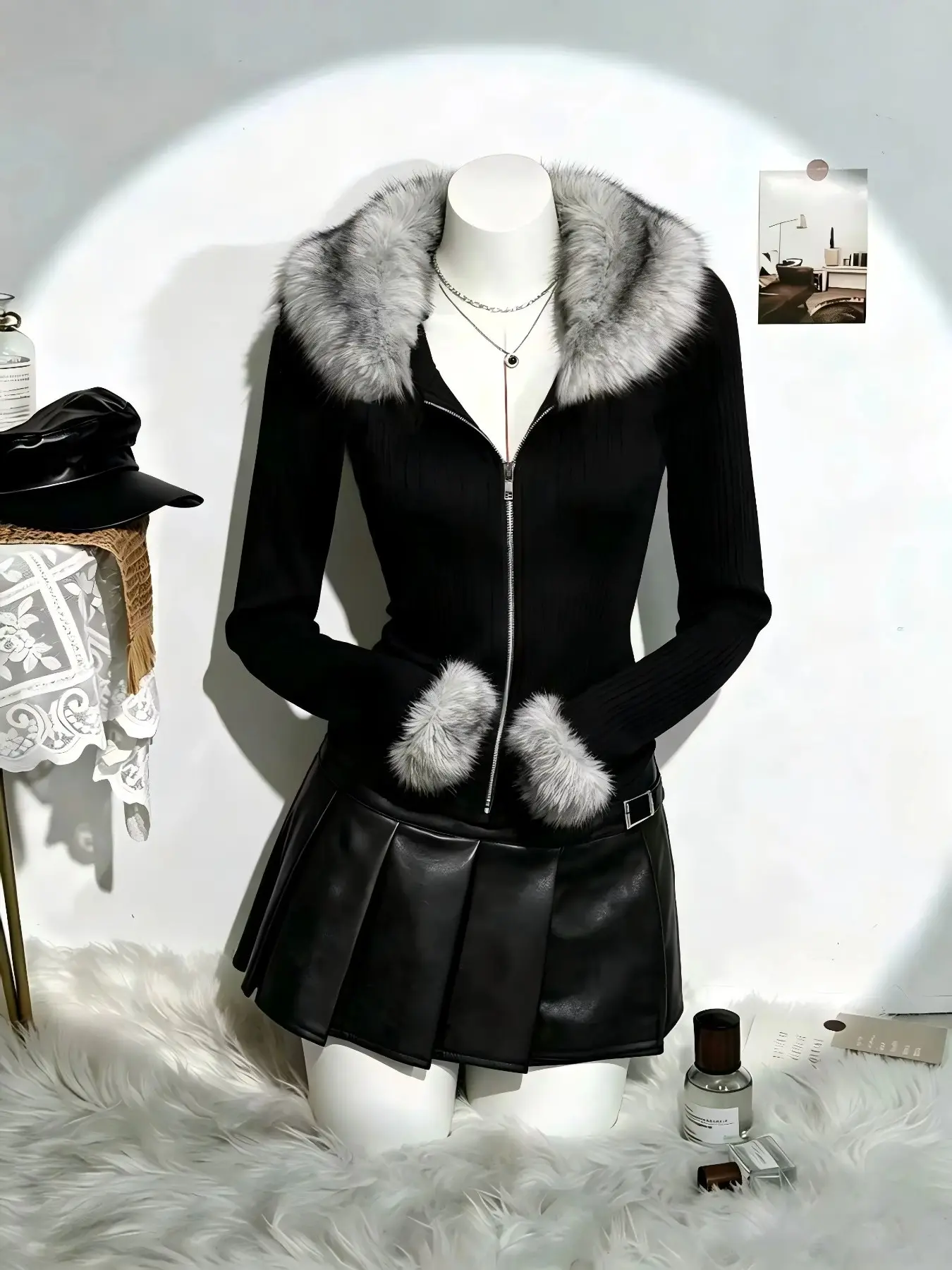 Women's Sexy Fur Collar Knit Jacket, Slim Fit Zipper Long Sleeve Top, Fashionable Fall Winter Outerwear for Parties/nightclubs/dates Casual Zipper Jacket