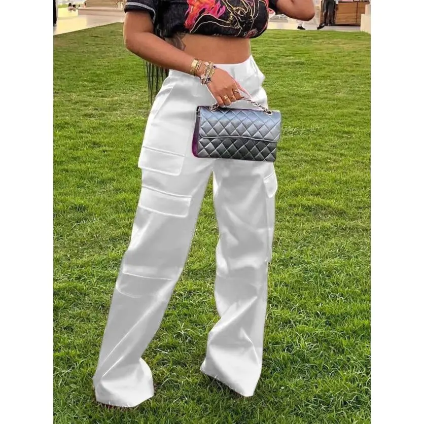 Women's High Waisted Satin Cargo Pants - Wide Leg, Multi-Pockets, Casual Fashion Loose Baggy Utility Bottoms for Daily Wear