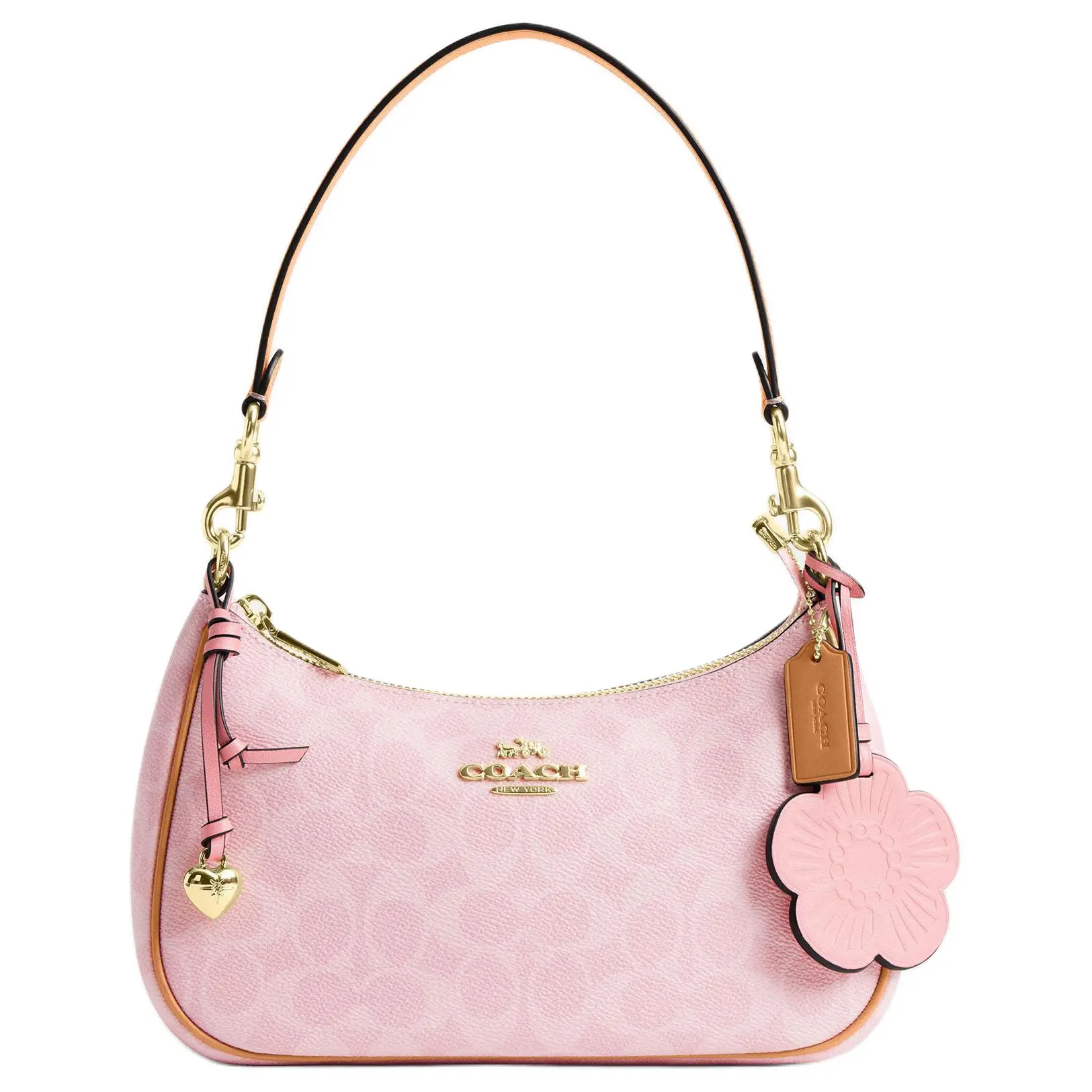 COACH Valentine's Limited Edition Teri 24 Crossbody Bag for Women – Classic Monogram, Detachable Flower Charm, Faux Leather, Sakura Pink
