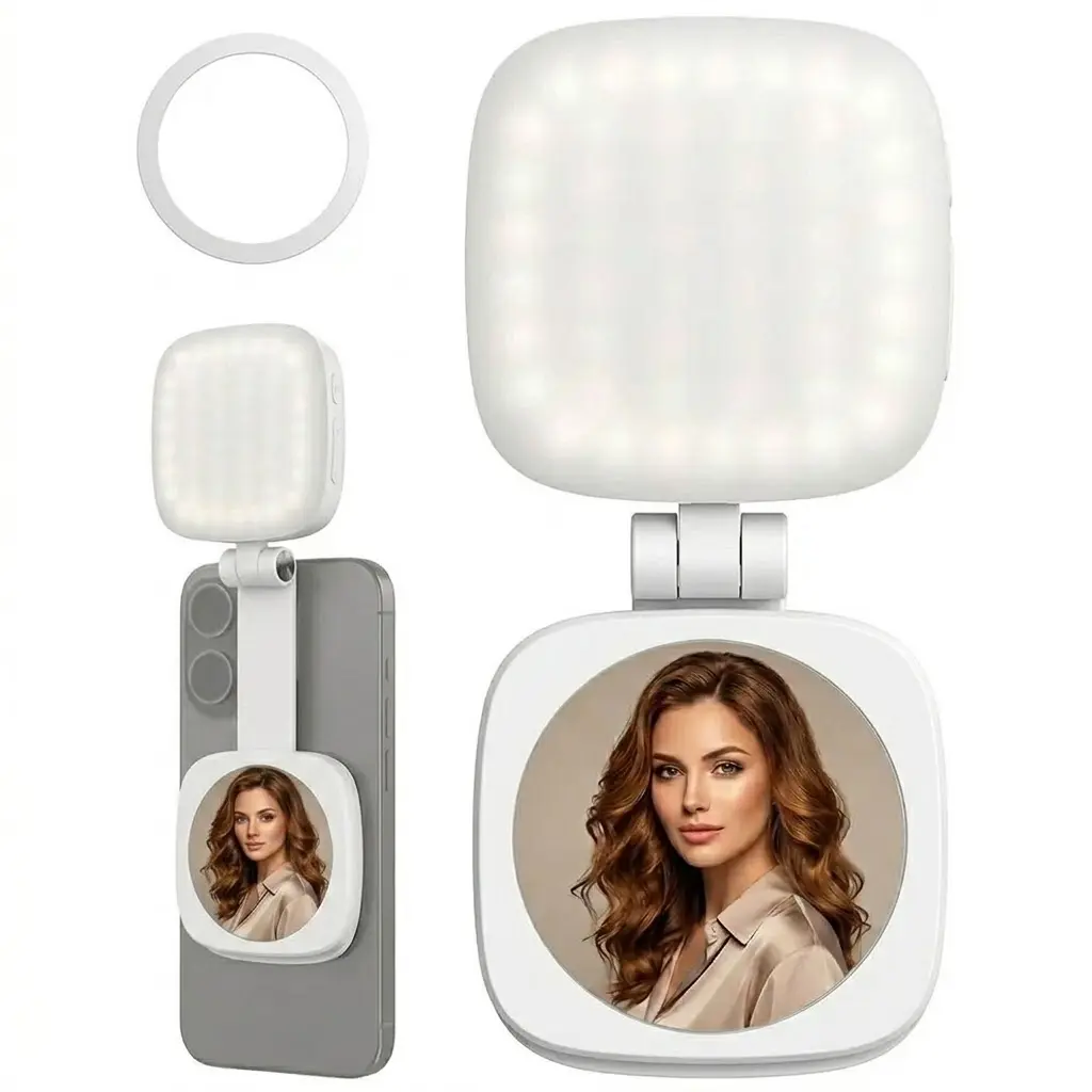 Portable Magnetic LED Selfie Light, Rechargeable Phone Fill Light with Mirror and Foldable Stand for Selfies, Video Calls, Makeup & Daily Photography