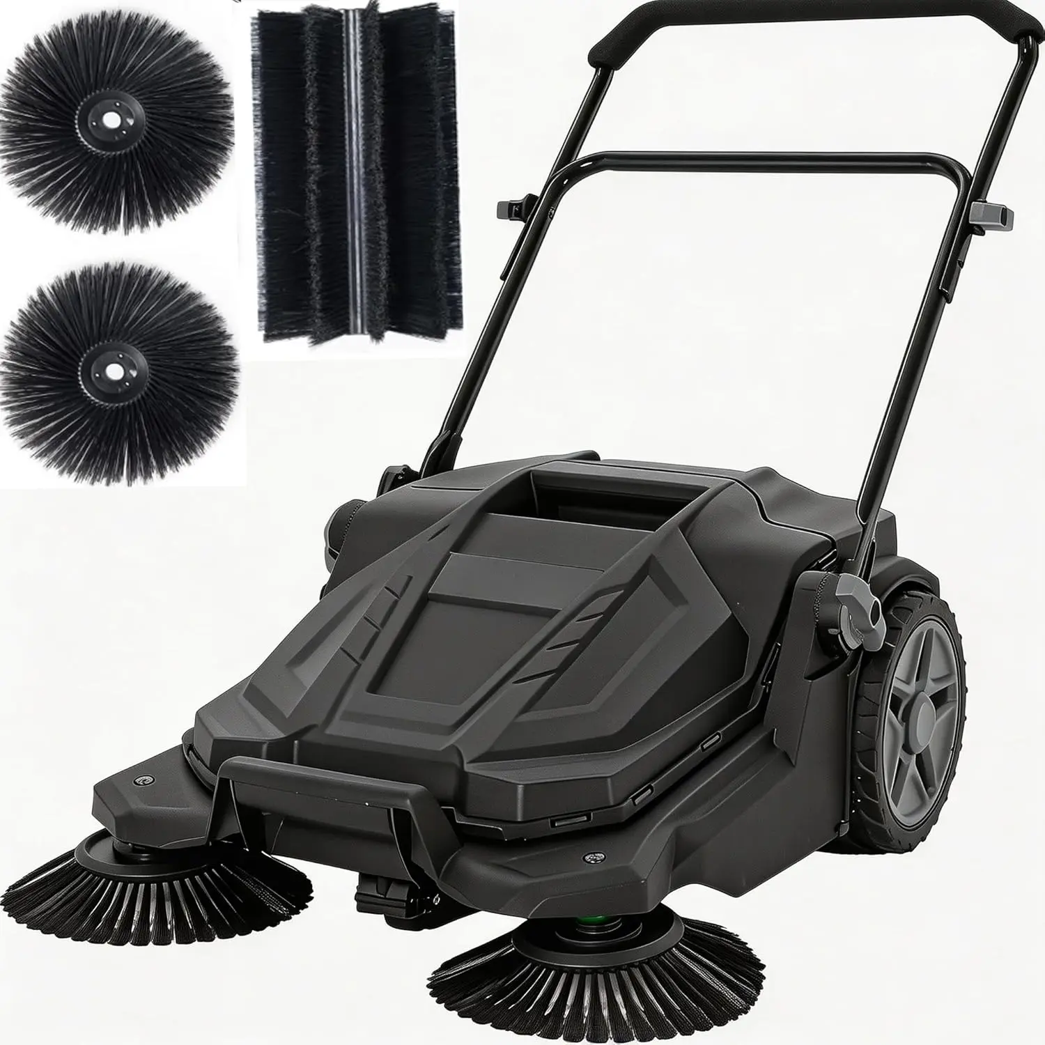 Walk-Behind Hand Push Floor Sweeper, 25.6 Inch Wide Manual Non-Electric Sweeper with 5 Gallon Waste Bin, Adjustable Folding Handle Heavy Duty Yard Sweeper for Garage Patio Walkway Driveway Leaf Debris