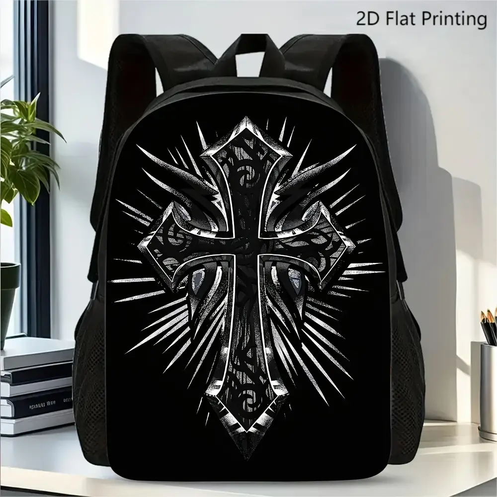 1pc Backpack Cool Gothic Black Cross Print with Radiating Design for Daily School Travel And Outdoor Use