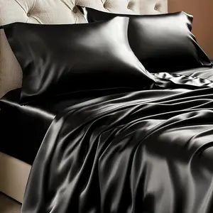 Satin Sheets Queen Size Bed Set, Luxury Soft Black Silky Sheets for Hair and Skin, Similar to Silk Bed Sheets Set 4 Pieces with 1 Deep Pocket Fitted Sheet, 1 Flat Sheet, and 2 Pillowcases