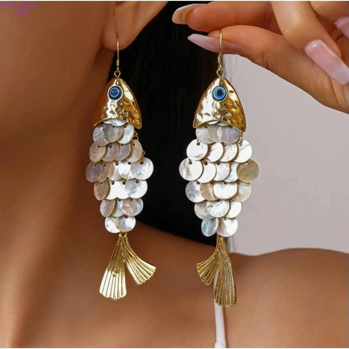 Women's Baroque Fish & Shell PVC Earrings - Funky Fringed Statement Dangle Ear Hooks, Cute Jewelry, Stylish Jewelry, Elegant Everyday Party Accessories