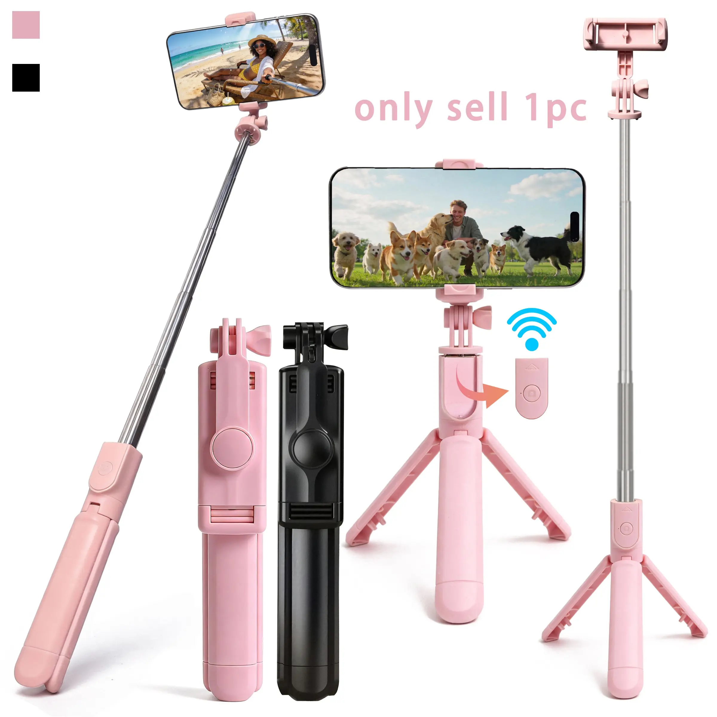 Extendable Phone Selfie Stick with Wireless Remote & 360° Rotating Tripod Stand, Portable, Adjustable, Compatible with iPhone, Samsung & Android Smartphones, Selfie Accessories