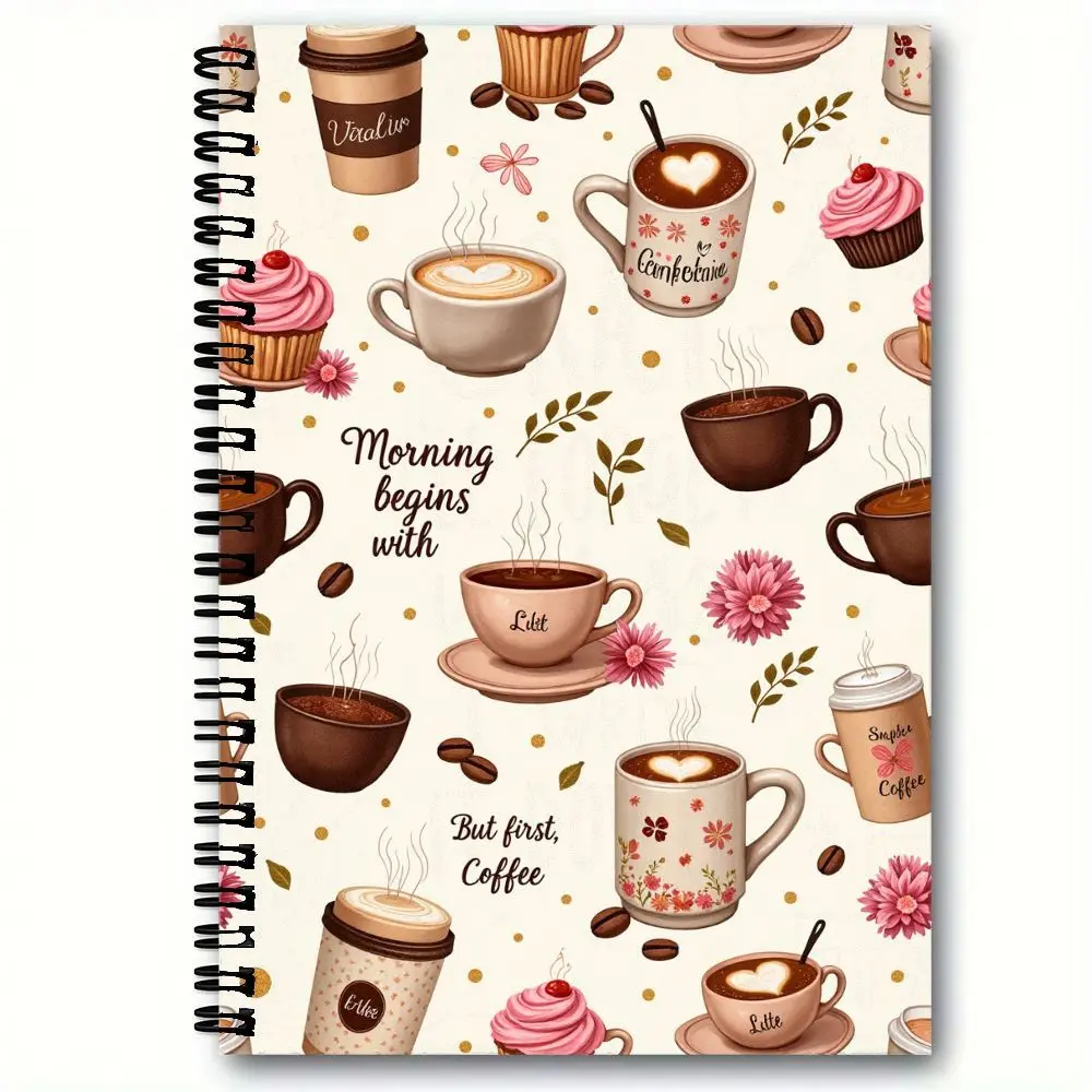 Coffee Themed Spiral Coil Notebook Cute Floral Cake Design Journal