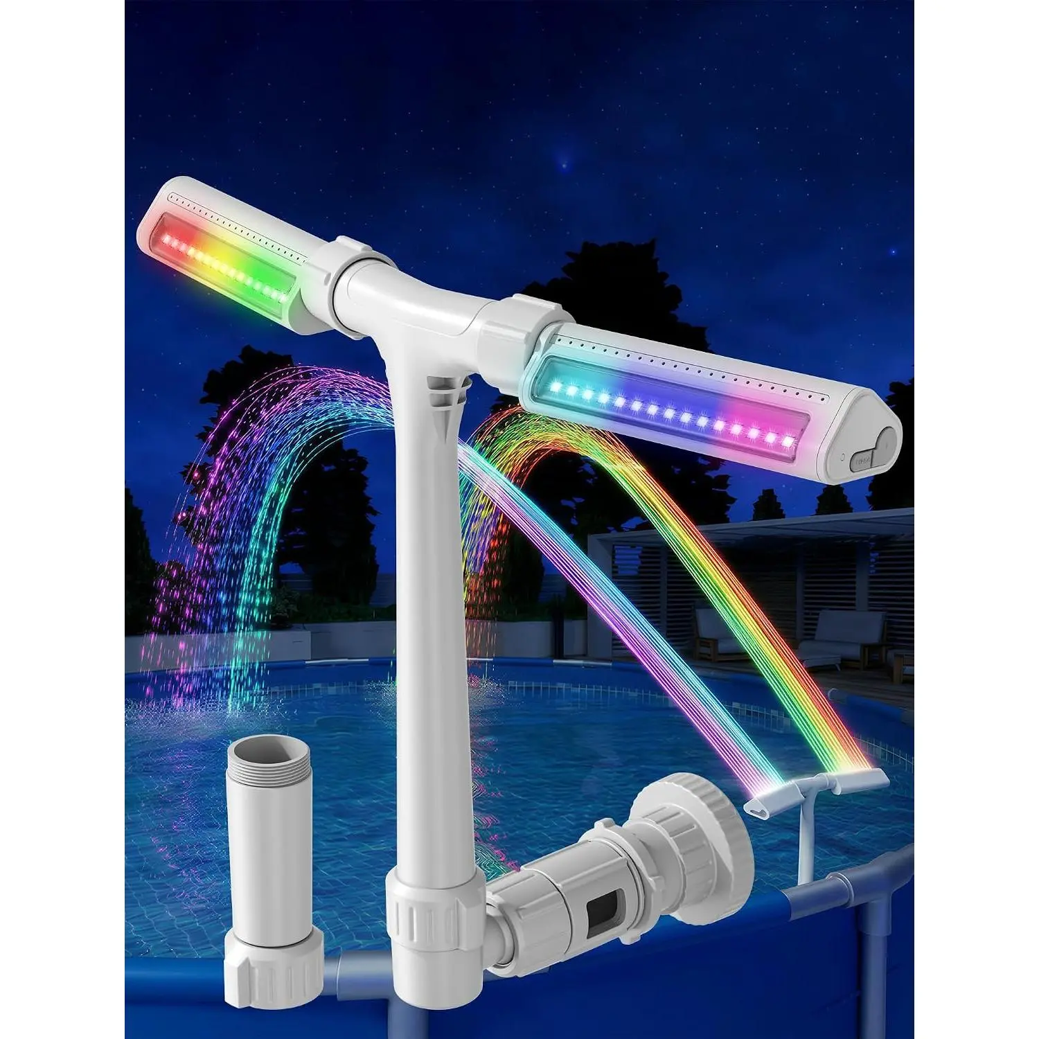 Pool Fountain with 10 Colors Rainbow Lights for Above Ground/Inground Pools, Dual-Head Adjustable Waterfall & Sprinkler with Timer, 5000mAh Battery, Remote-Controlled, Grey