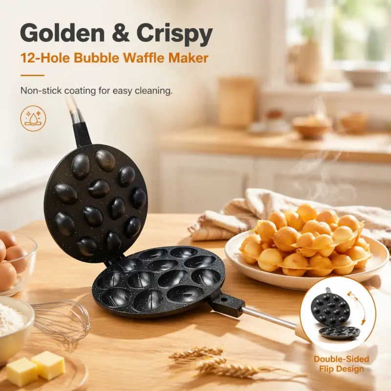 12-Cup Non-stick Egg Waffle Pan, Bubble Waffle Maker, with heat-resistant wooden handle and flip-style baking mold, Flip Design. Makes 12 pieces at once, ideal for homemade family breakfast.