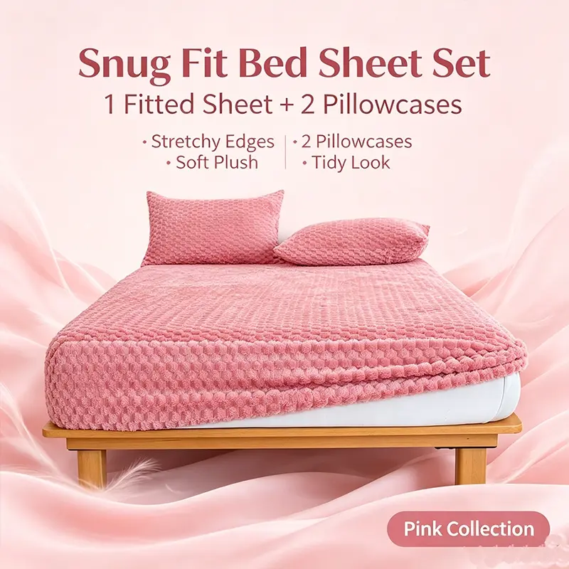 Raised Grid Texture Plush 3-Piece Fitted Sheet Set, Ultra Soft Warm Cozy Bedding Kit With 1 Fitted Sheet & 2 Pillowcases, Full Surround Elastic Non-Slip Mattress Cover, Breathable Comfort Bed Linen For Winter Aesthetic Bedroom Decor
