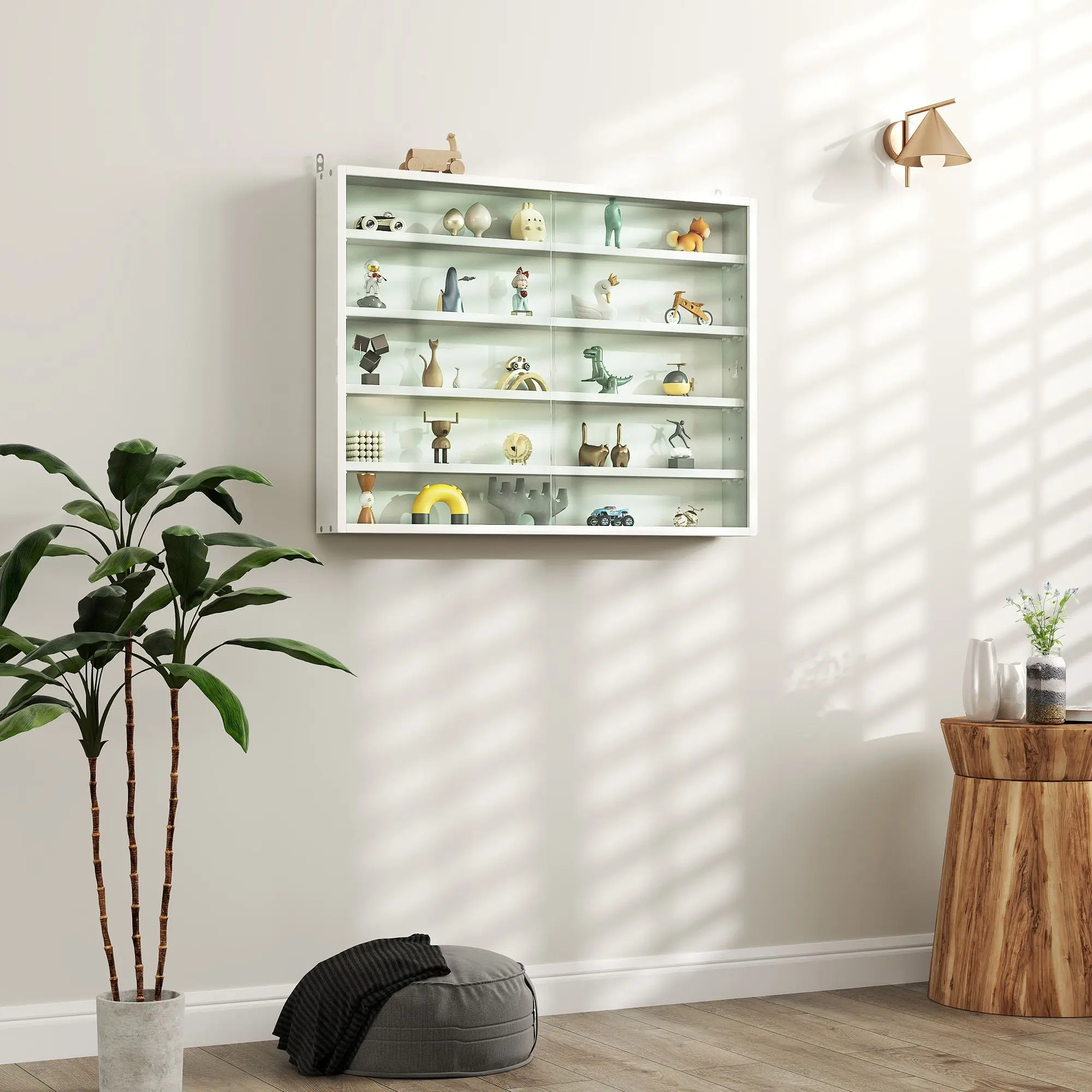 White Rectangular 5-Tier Wall-Mounted Display Cabinet with Glass Doors, Adjustable Shelves, Particleboard/Glass Build, 4.4lbs/Shelf Capacity, 31.5" W x 3.7" D x 23.6" H